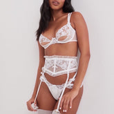 Conjunto de lencería de 3 piezas con encaje de tul ultra transparente y abertura